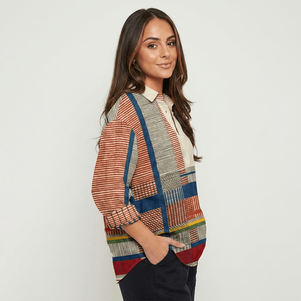 Marina Artistic Patchwork Blouse – Relaxed Button-Up Shirt