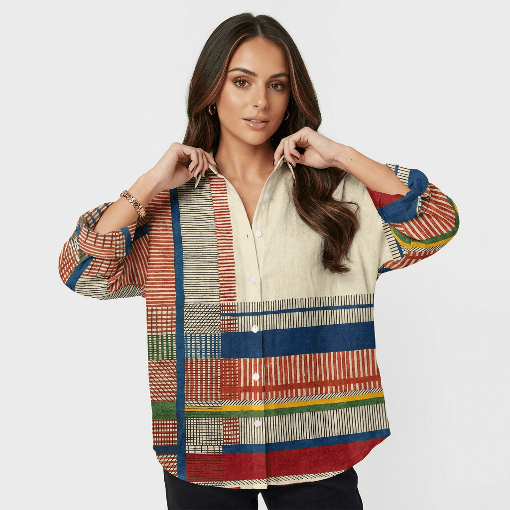 Marina Artistic Patchwork Blouse – Relaxed Button-Up Shirt