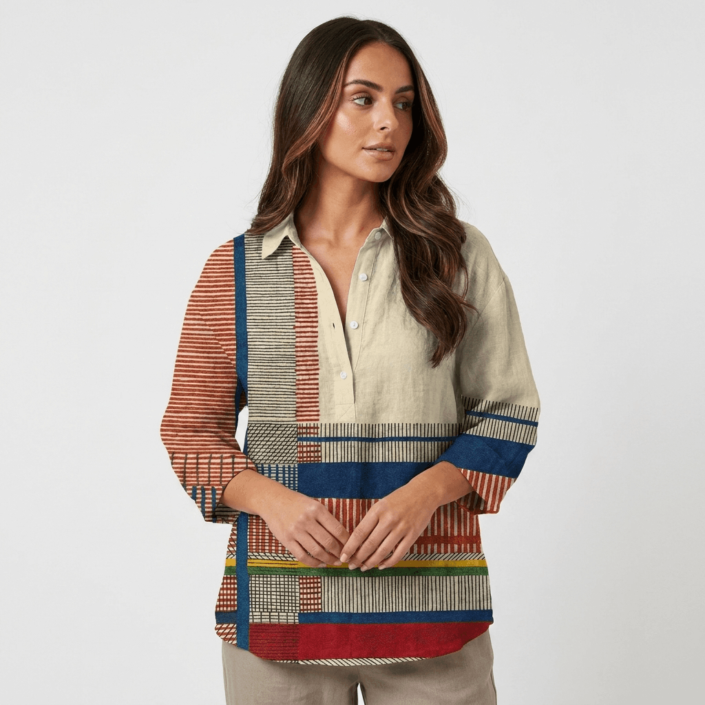 Marina Artistic Patchwork Blouse – Relaxed Button-Up Shirt