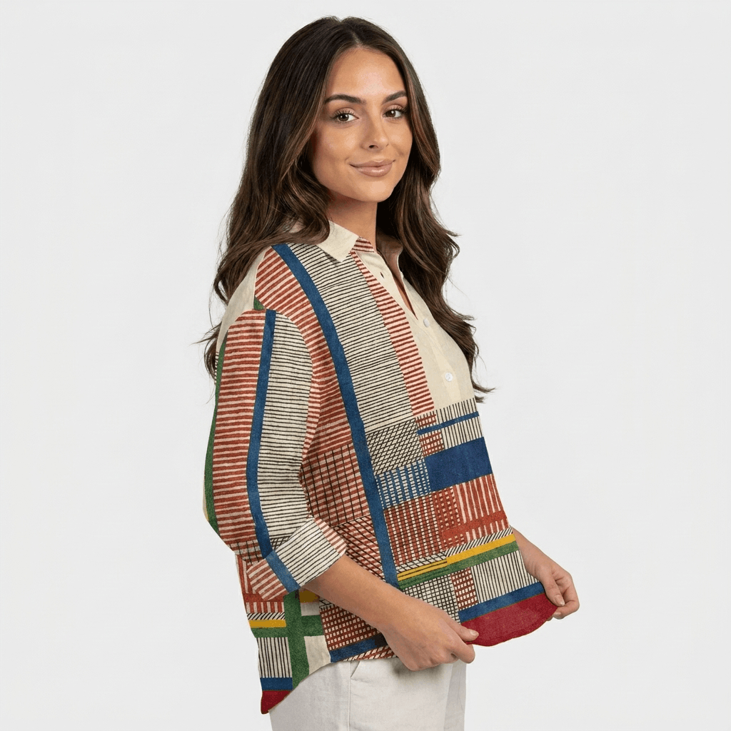 Marina Artistic Patchwork Blouse – Relaxed Button-Up Shirt
