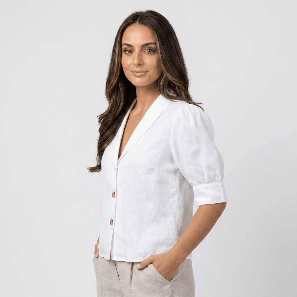 Camille Linen Blend Button Up Blouse – Relaxed Elegant Summer Top