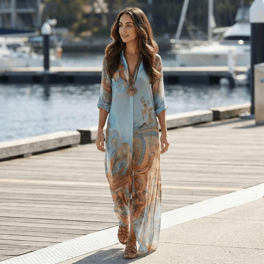 Marina Printed Maxi Shirt Dress – Adjustable Tie Waist Everyday Elegance