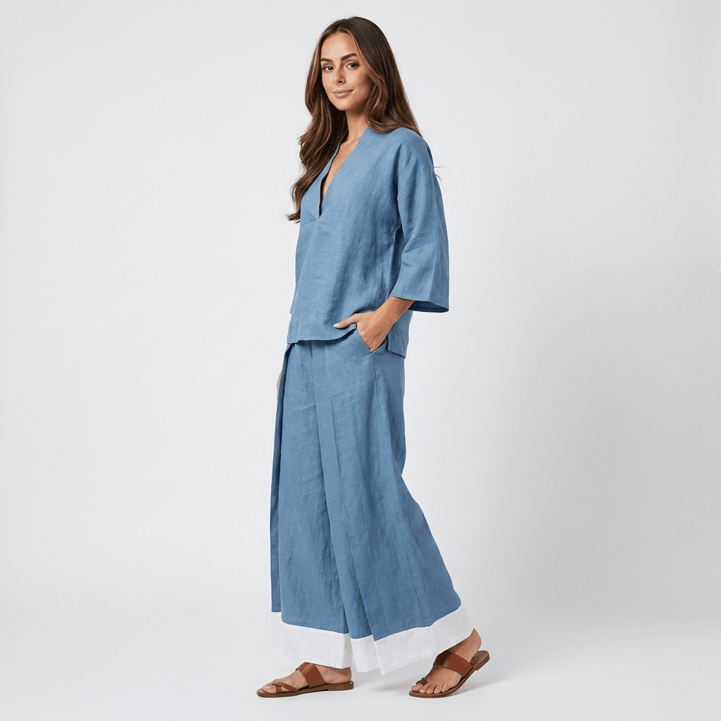 Elowen Cotton Linen Two-Piece Set – V-Neck Wide Leg Lounge Ensemble