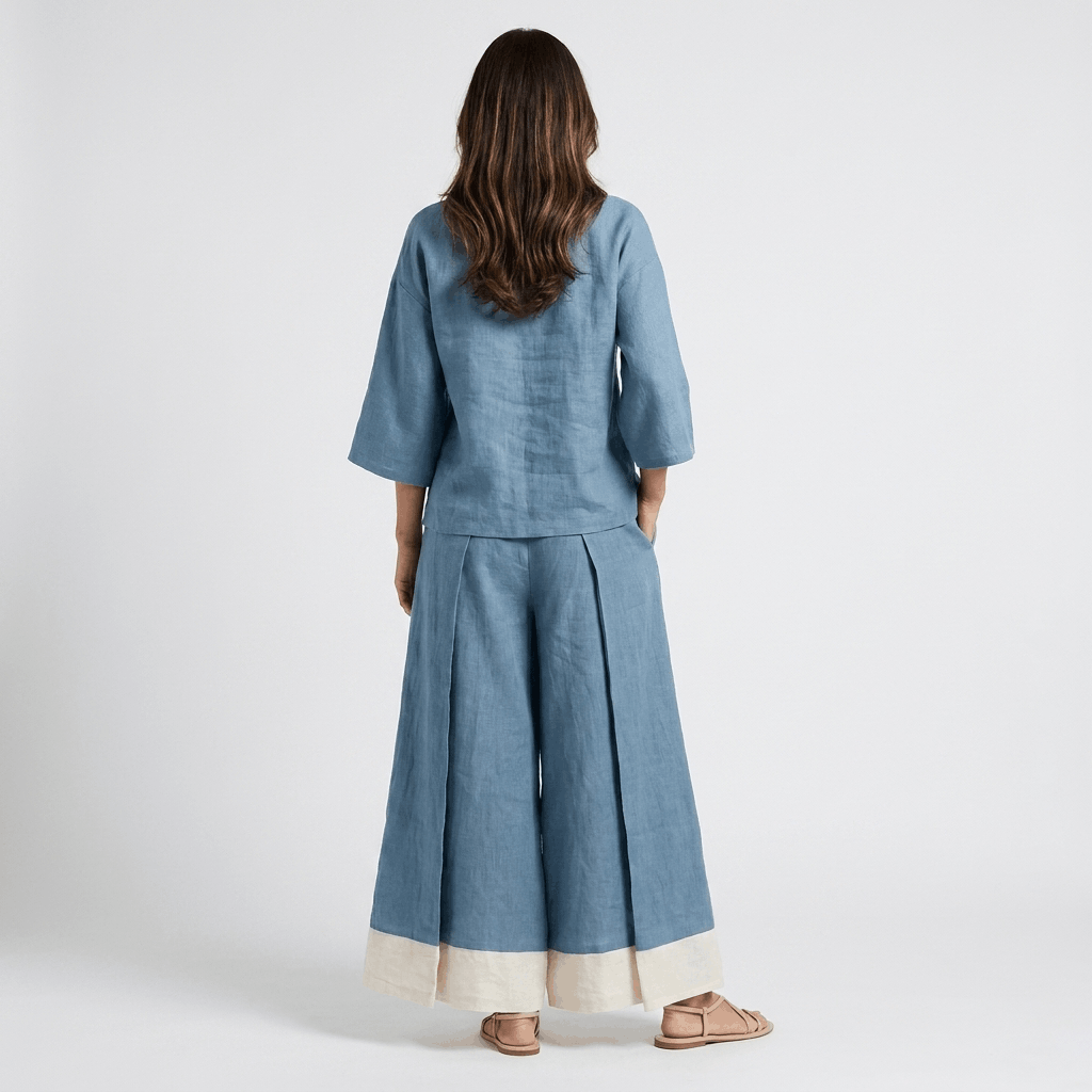Elowen Cotton Linen Two-Piece Set – V-Neck Wide Leg Lounge Ensemble
