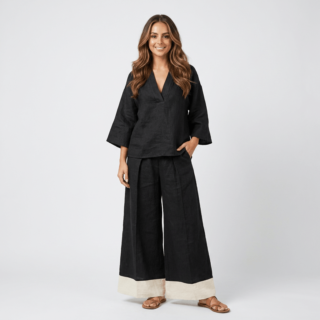 Elowen Cotton Linen Two-Piece Set – V-Neck Wide Leg Lounge Ensemble