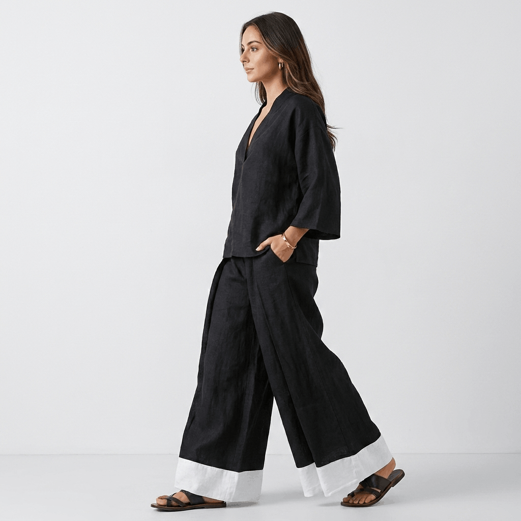 Elowen Cotton Linen Two-Piece Set – V-Neck Wide Leg Lounge Ensemble