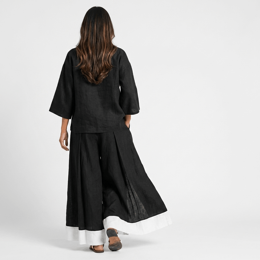 Elowen Cotton Linen Two-Piece Set – V-Neck Wide Leg Lounge Ensemble