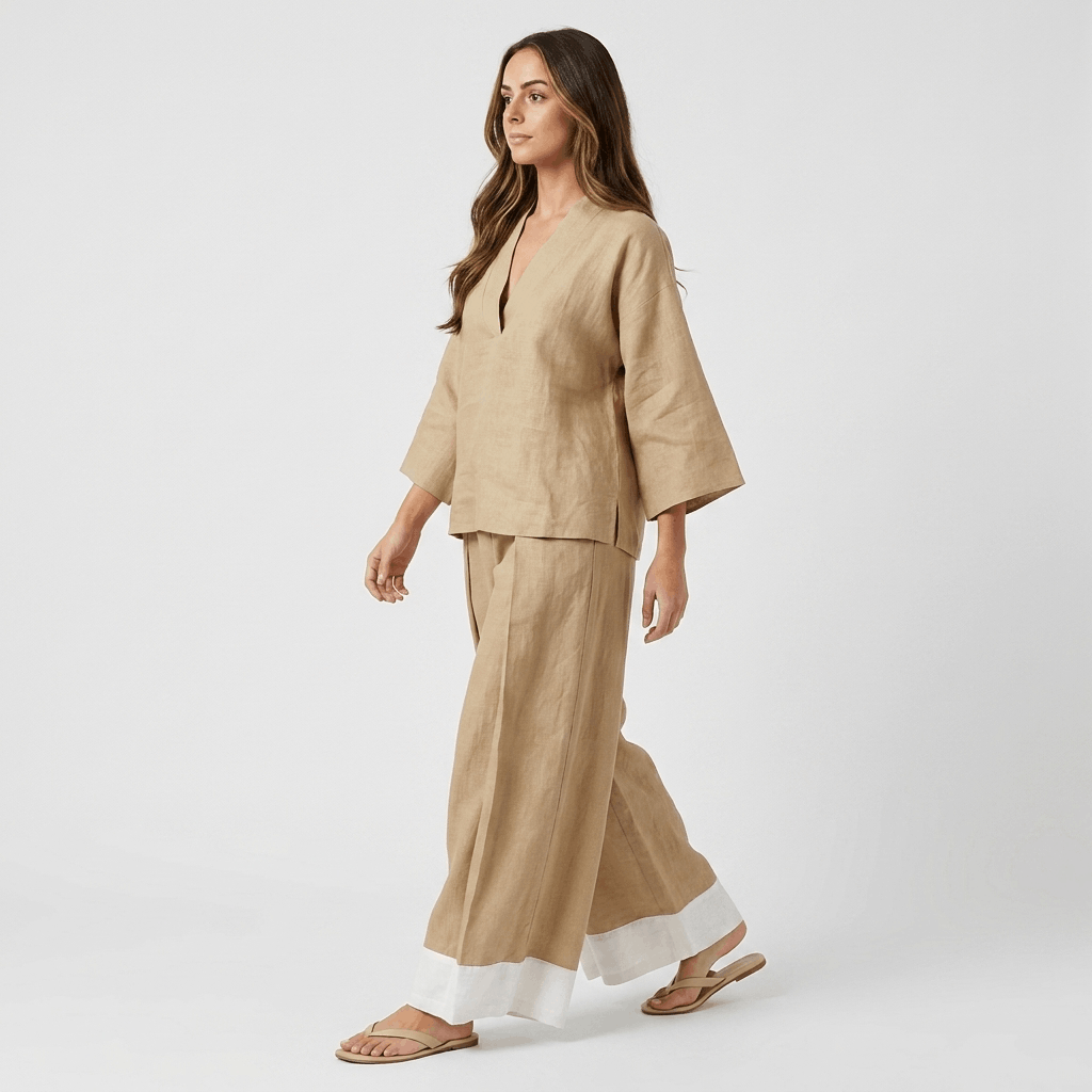 Elowen Cotton Linen Two-Piece Set – V-Neck Wide Leg Lounge Ensemble