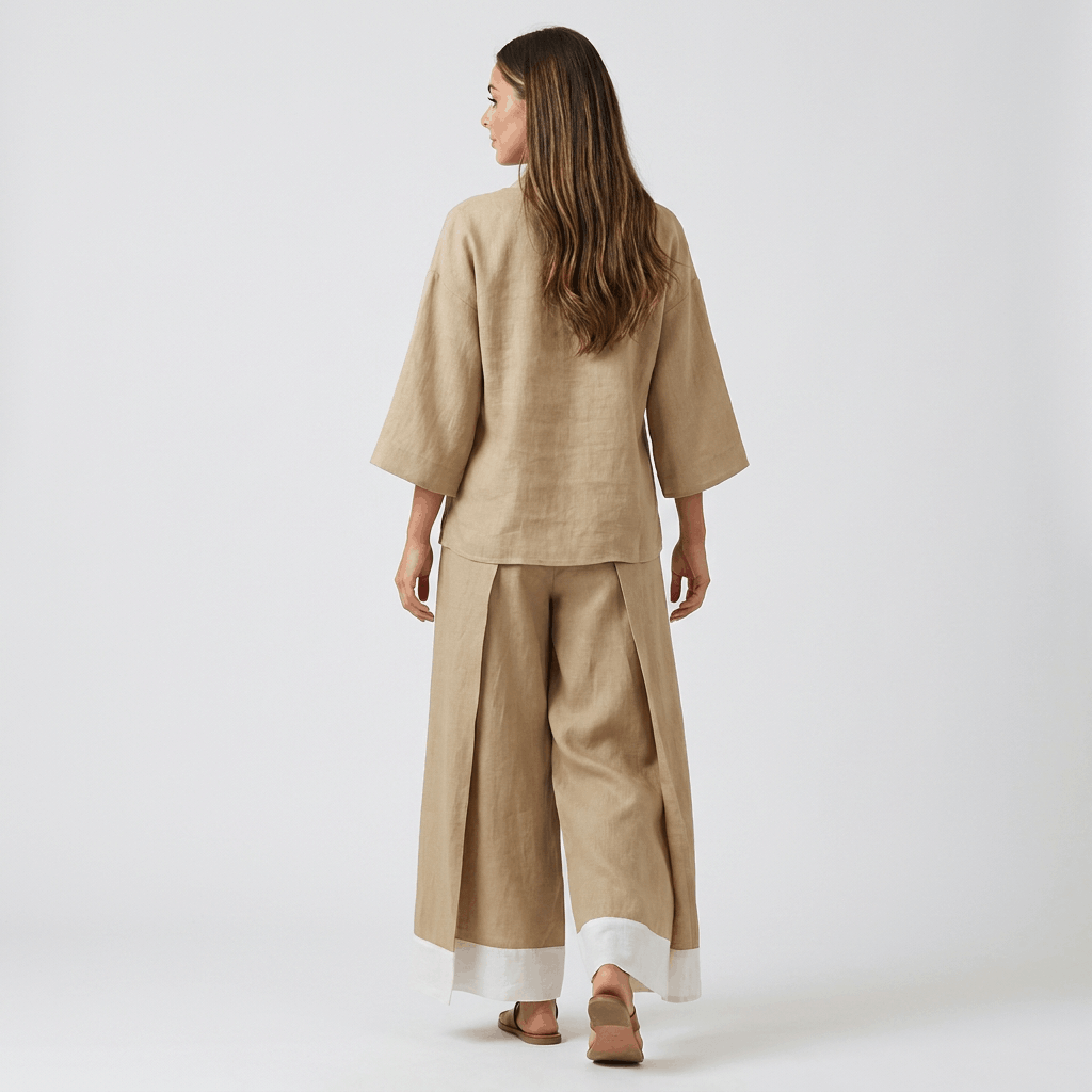 Elowen Cotton Linen Two-Piece Set – V-Neck Wide Leg Lounge Ensemble