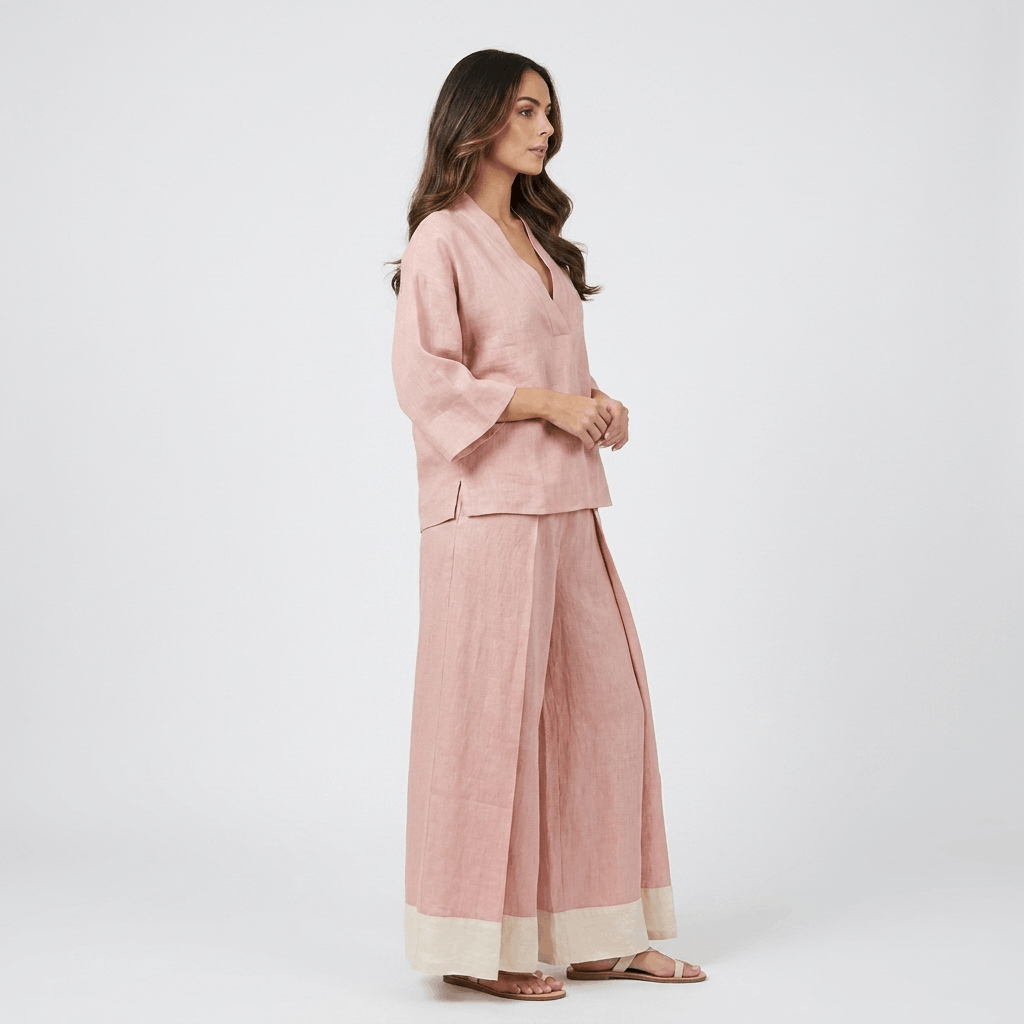 Elowen Cotton Linen Two-Piece Set – V-Neck Wide Leg Lounge Ensemble