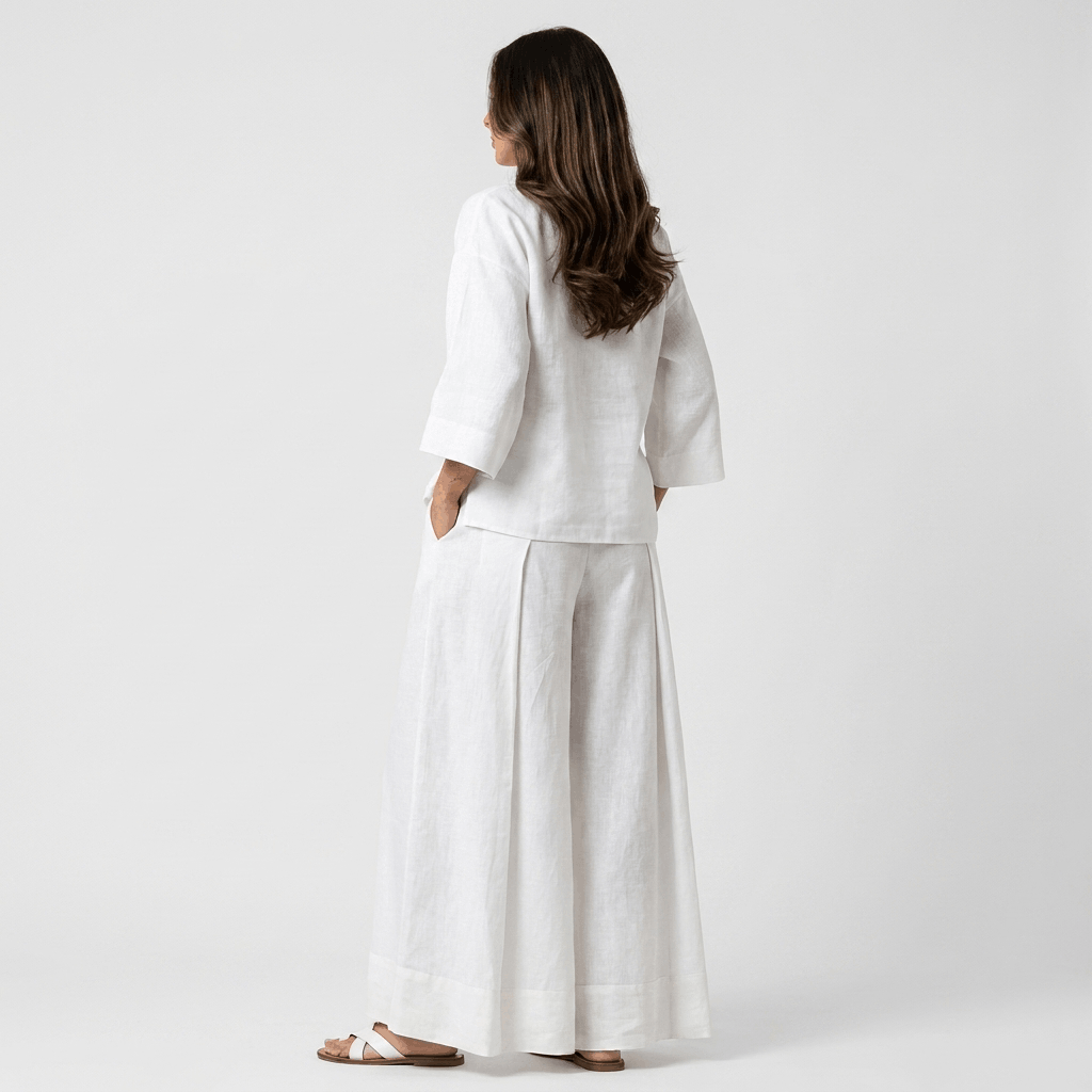 Elowen Cotton Linen Two-Piece Set – V-Neck Wide Leg Lounge Ensemble