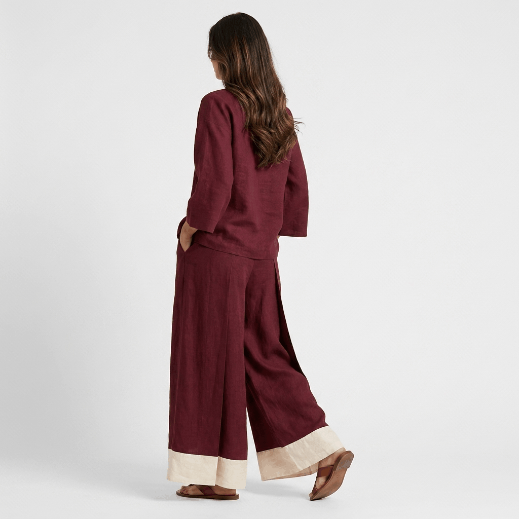 Elowen Cotton Linen Two-Piece Set – V-Neck Wide Leg Lounge Ensemble