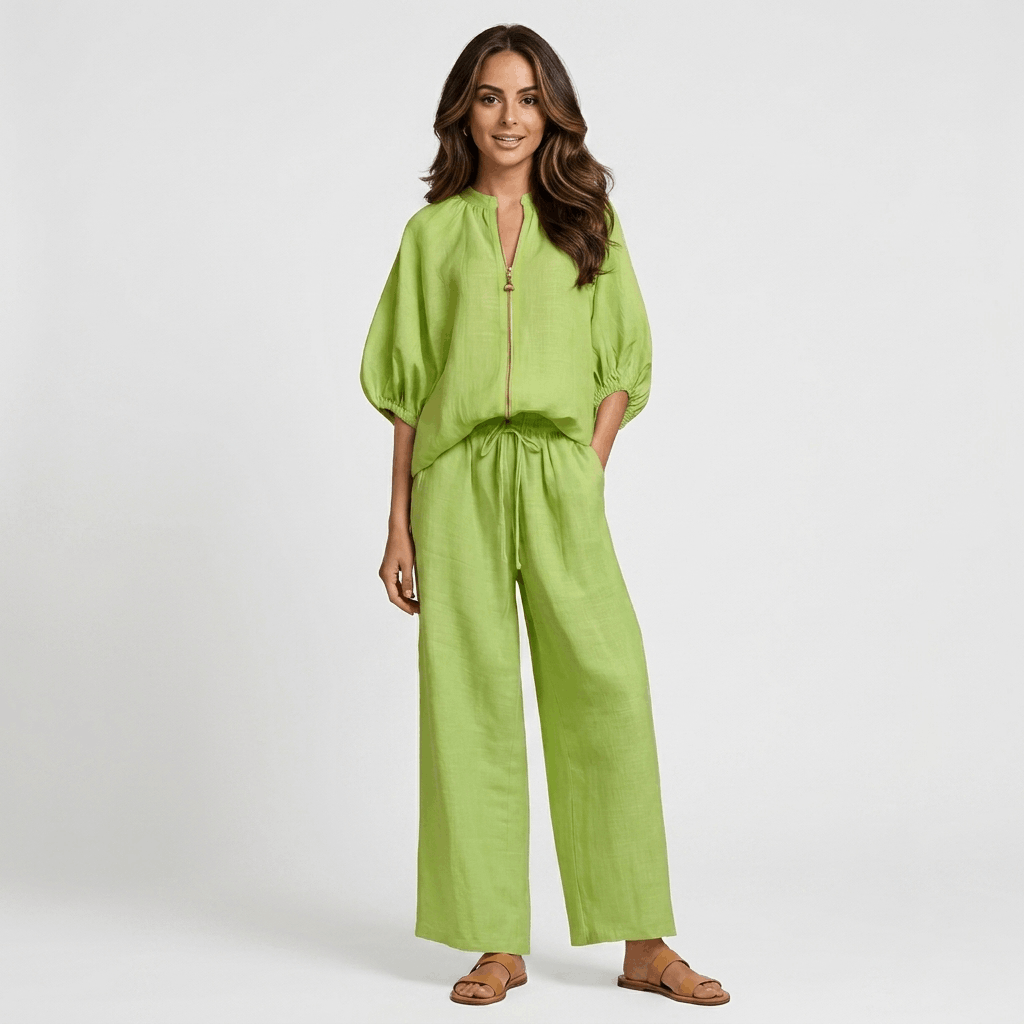 Kyla Textured Linen Two-Piece Set – Zip Neck Puff Sleeve Wide Leg Co-Ord