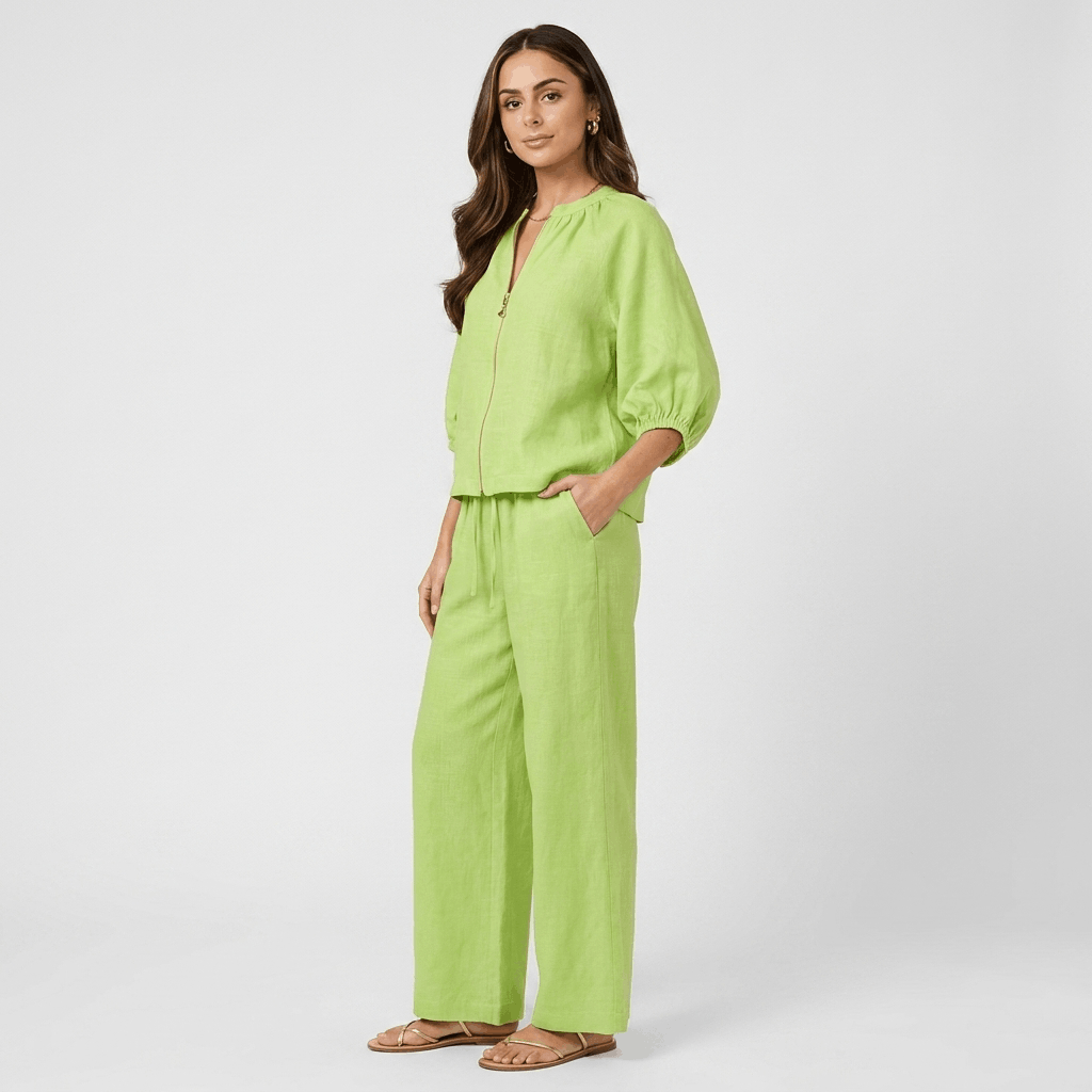 Kyla Textured Linen Two-Piece Set – Zip Neck Puff Sleeve Wide Leg Co-Ord
