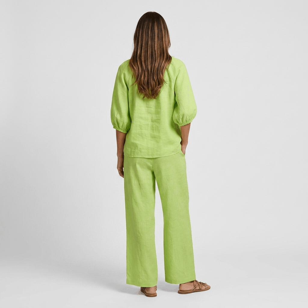 Kyla Textured Linen Two-Piece Set – Zip Neck Puff Sleeve Wide Leg Co-Ord