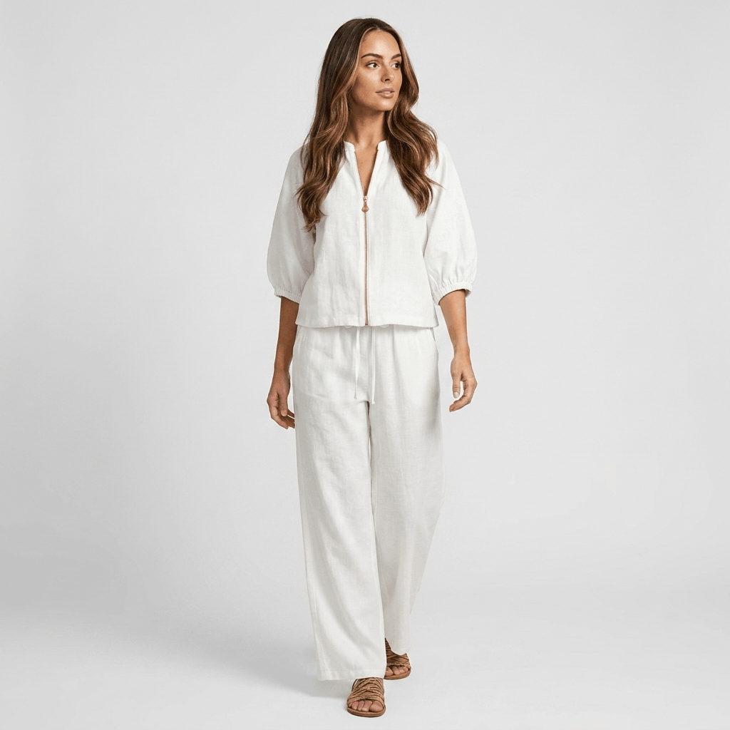 Kyla Textured Linen Two-Piece Set – Zip Neck Puff Sleeve Wide Leg Co-Ord