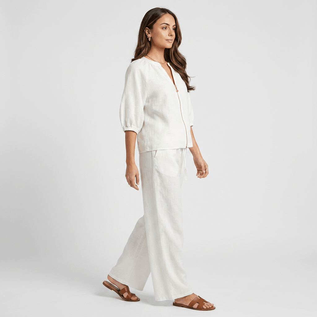 Kyla Textured Linen Two-Piece Set – Zip Neck Puff Sleeve Wide Leg Co-Ord
