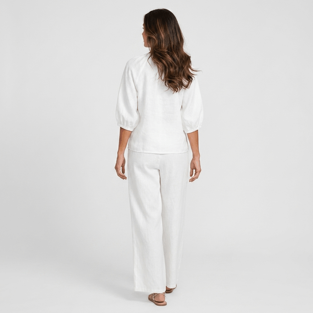 Kyla Textured Linen Two-Piece Set – Zip Neck Puff Sleeve Wide Leg Co-Ord
