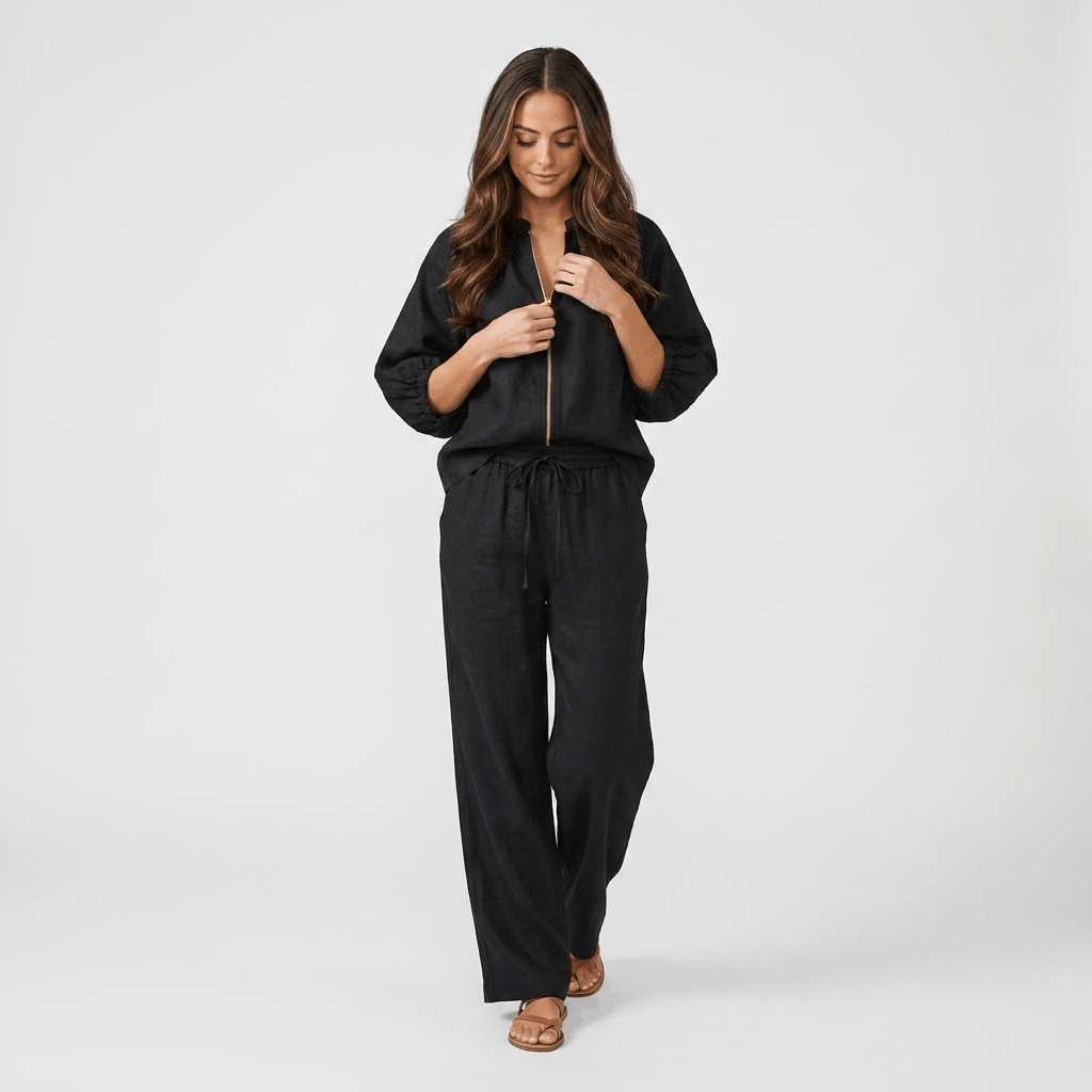 Kyla Textured Linen Two-Piece Set – Zip Neck Puff Sleeve Wide Leg Co-Ord