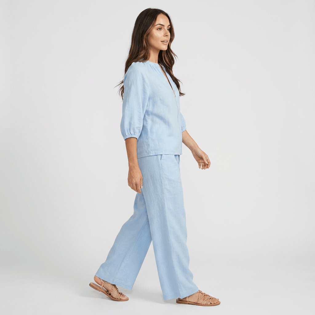 Kyla Textured Linen Two-Piece Set – Zip Neck Puff Sleeve Wide Leg Co-Ord