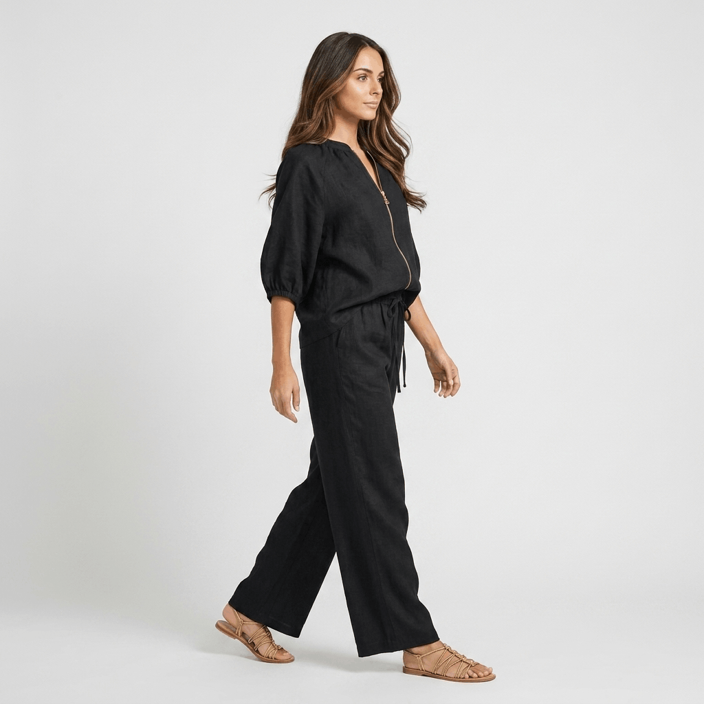 Kyla Textured Linen Two-Piece Set – Zip Neck Puff Sleeve Wide Leg Co-Ord