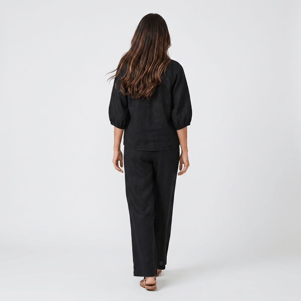 Kyla Textured Linen Two-Piece Set – Zip Neck Puff Sleeve Wide Leg Co-Ord