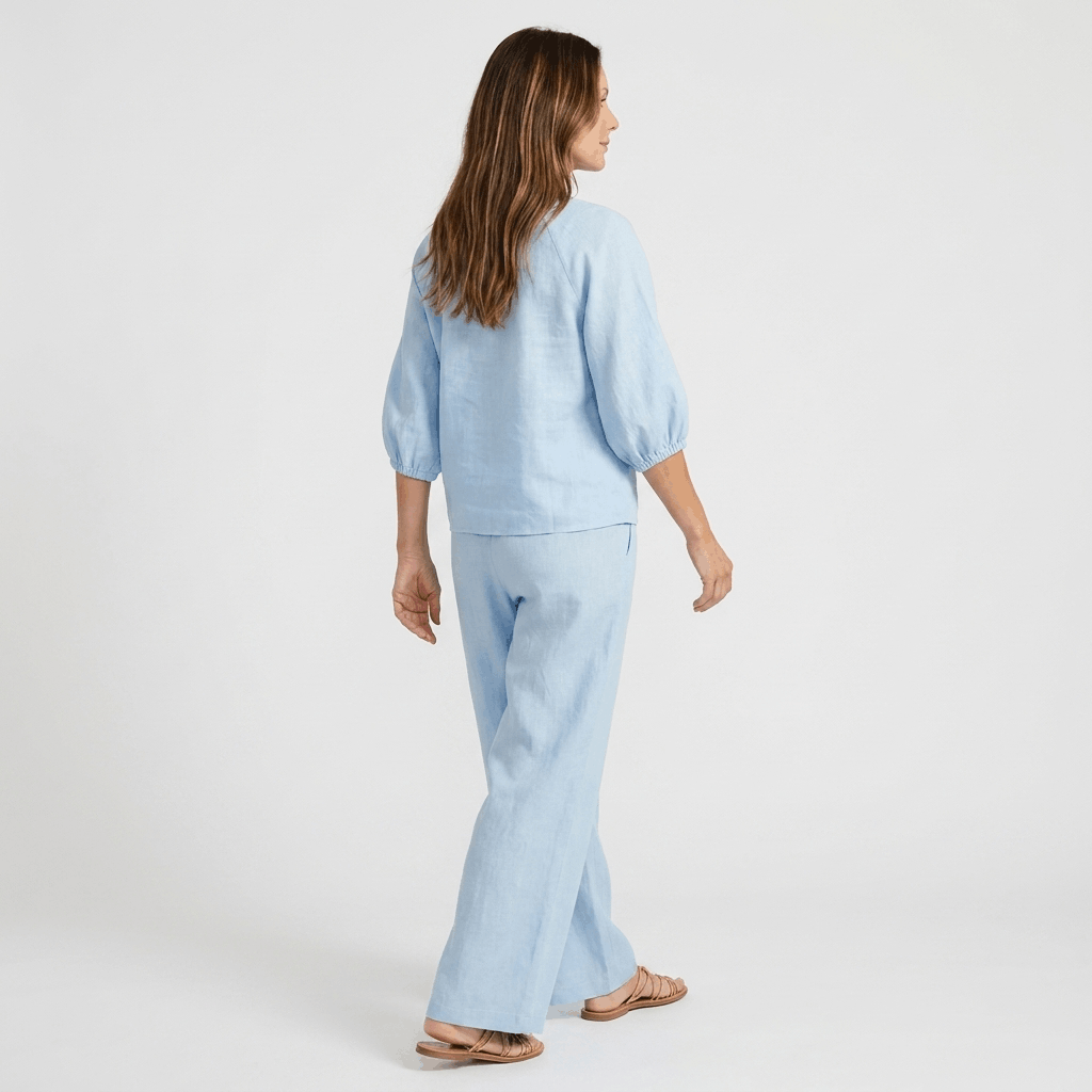 Kyla Textured Linen Two-Piece Set – Zip Neck Puff Sleeve Wide Leg Co-Ord