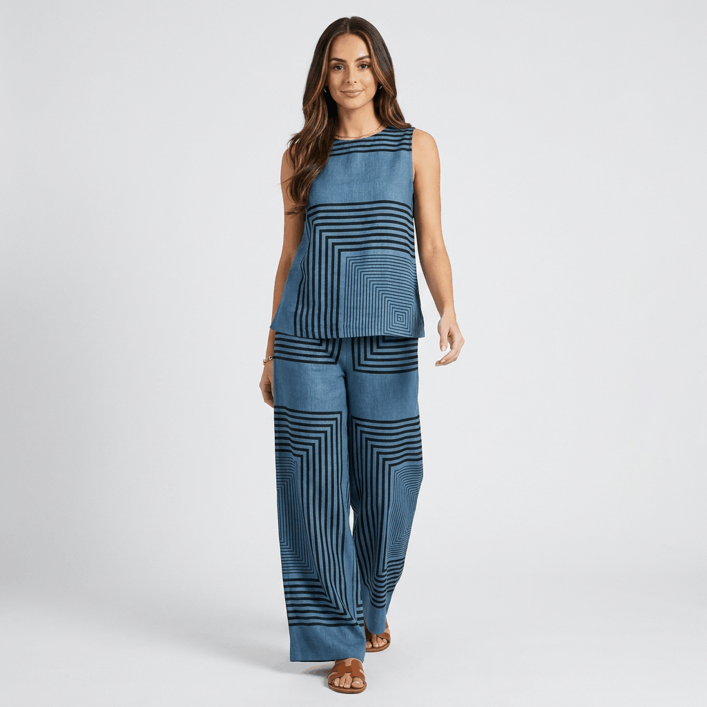 Althea Linen Two-Piece Set – Geometric Sleeveless Wide Leg Co-Ord