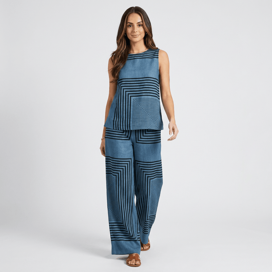 Althea Linen Two-Piece Set – Geometric Sleeveless Wide Leg Co-Ord