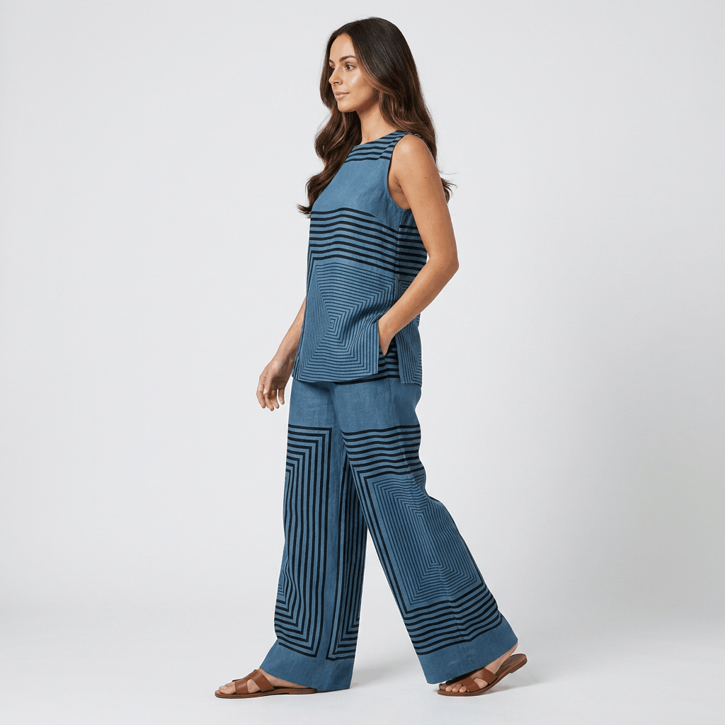 Althea Linen Two-Piece Set – Geometric Sleeveless Wide Leg Co-Ord