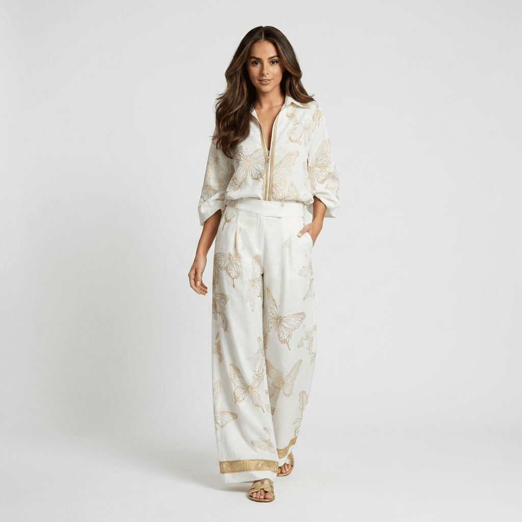 Seraphina Butterfly Print Two-Piece Set – Zip Neck Wide Leg Resort Co-Ord