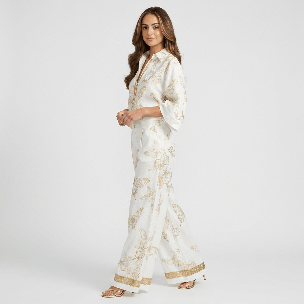 Seraphina Butterfly Print Two-Piece Set – Zip Neck Wide Leg Resort Co-Ord