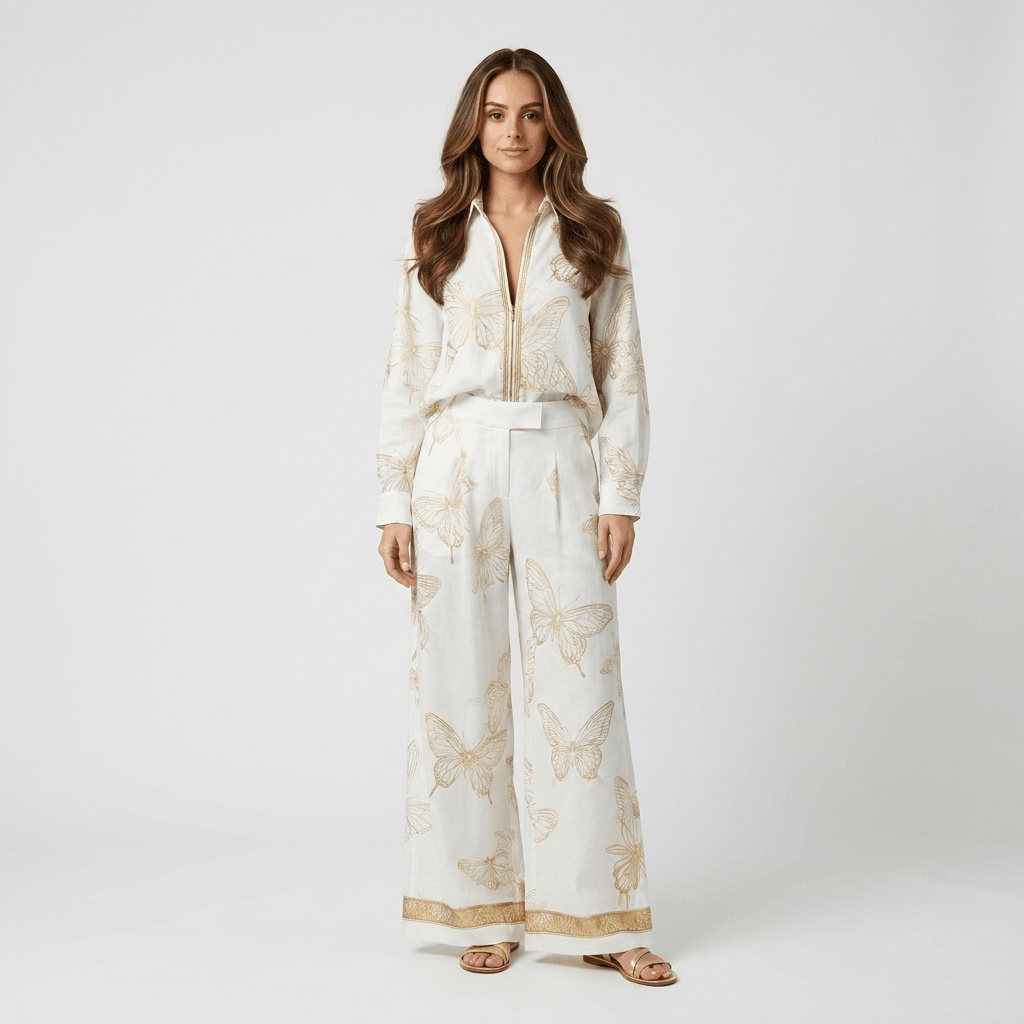 Seraphina Butterfly Print Two-Piece Set – Zip Neck Wide Leg Resort Co-Ord