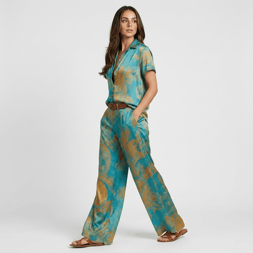 Marisol Paisley Two-Piece Set – Relaxed V-Neck Wide Leg Resort Co-Ord