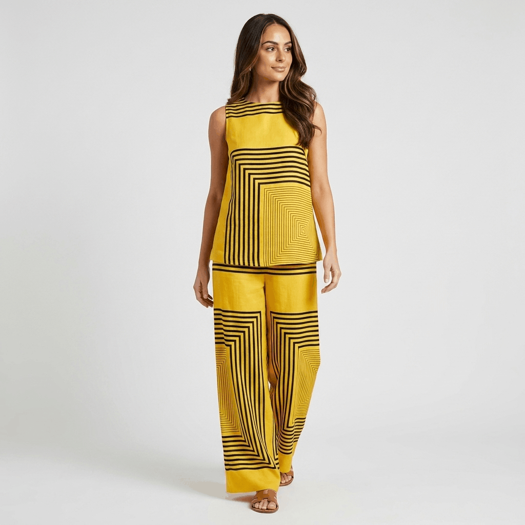 Althea Linen Two-Piece Set – Geometric Sleeveless Wide Leg Co-Ord
