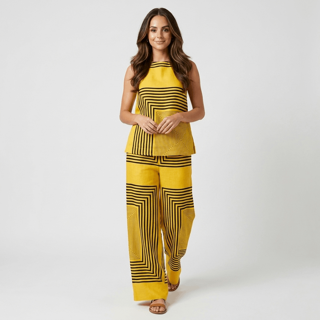 Althea Linen Two-Piece Set – Geometric Sleeveless Wide Leg Co-Ord