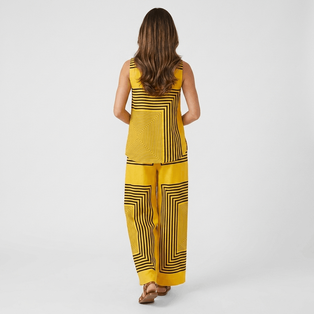 Althea Linen Two-Piece Set – Geometric Sleeveless Wide Leg Co-Ord