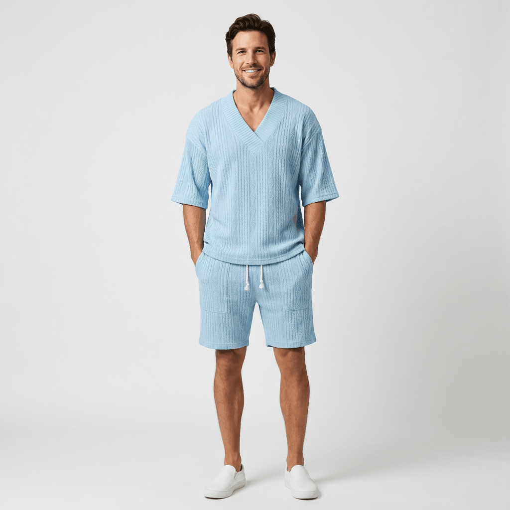 Redmond Textured Knit Two-Piece Set – V-Neck Tee & Drawstring Shorts
