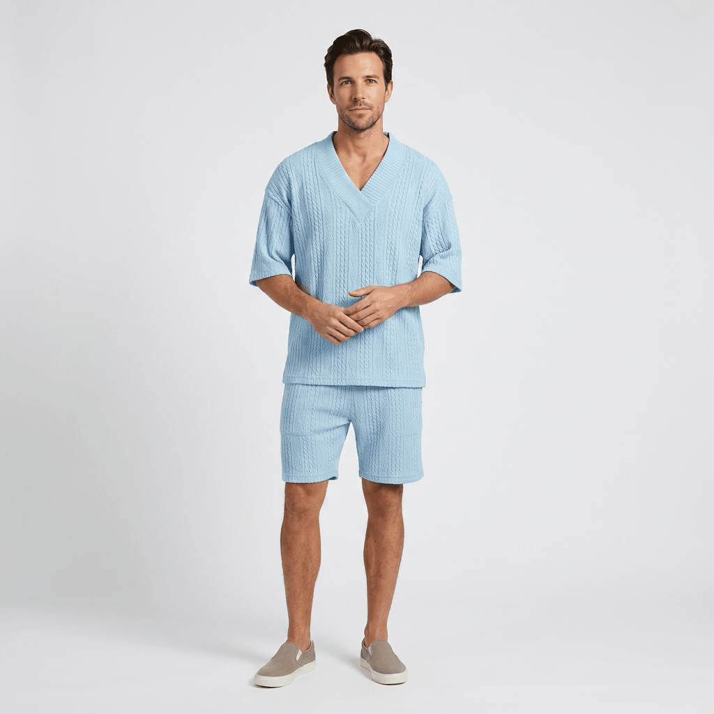 Redmond Textured Knit Two-Piece Set – V-Neck Tee & Drawstring Shorts