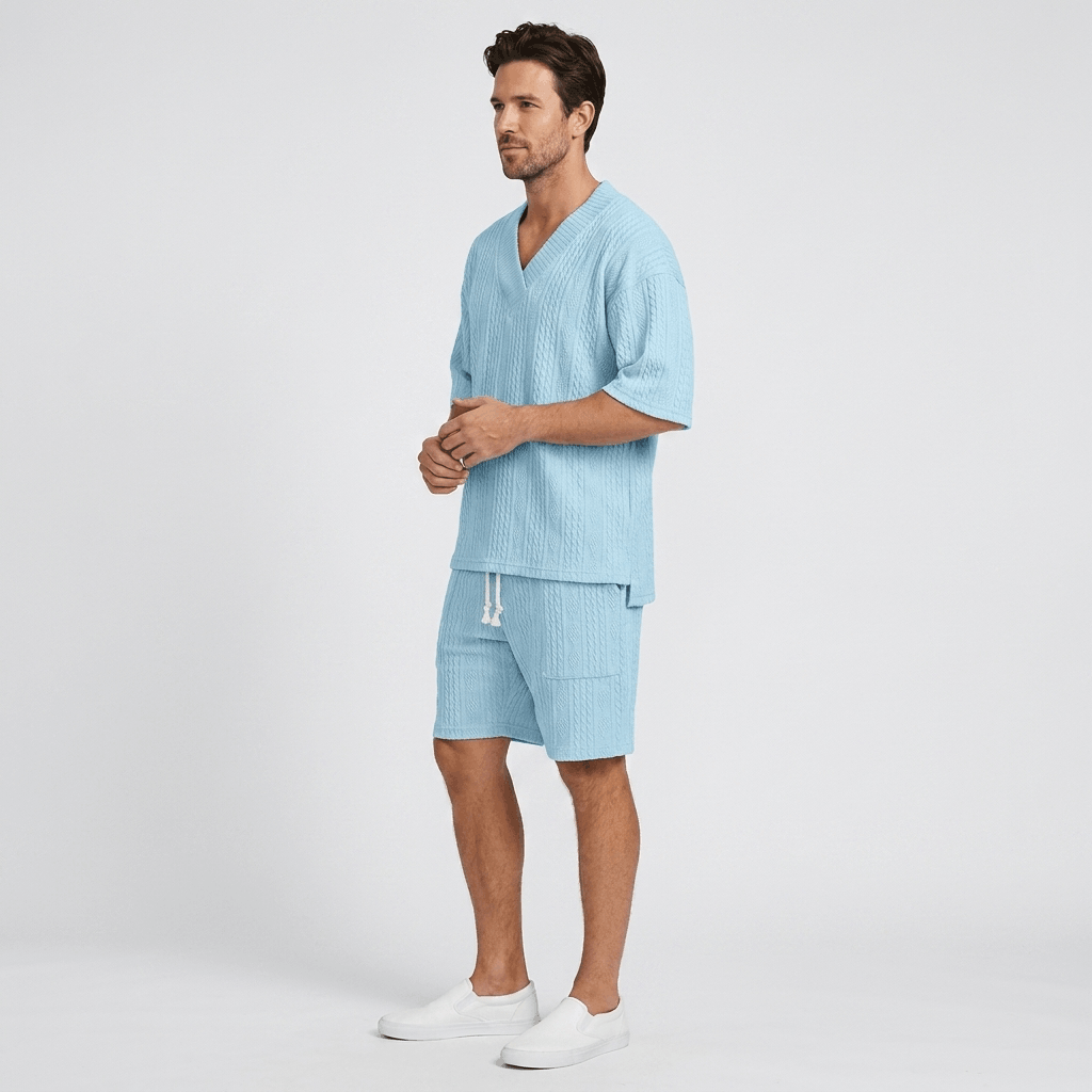 Redmond Textured Knit Two-Piece Set – V-Neck Tee & Drawstring Shorts