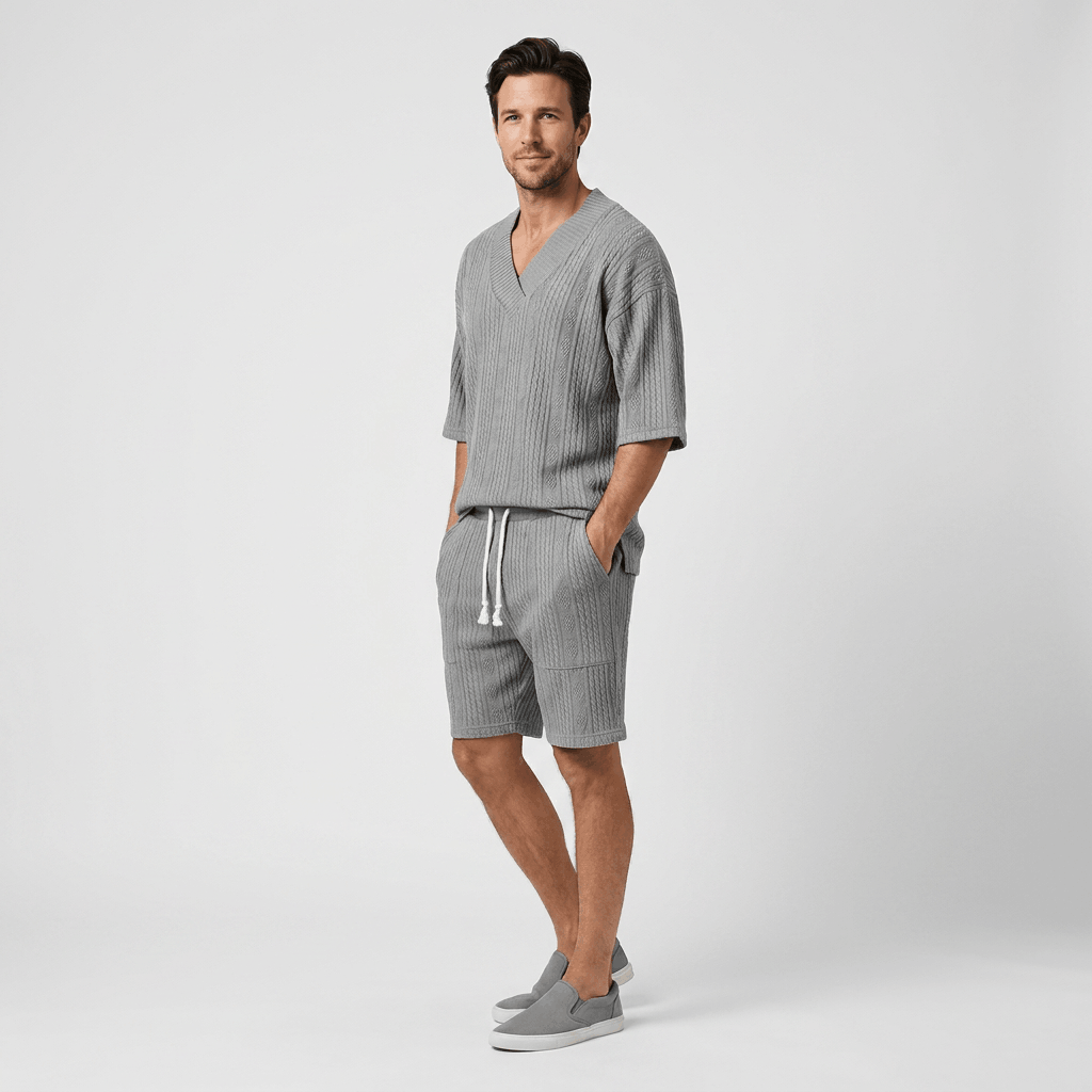 Redmond Textured Knit Two-Piece Set – V-Neck Tee & Drawstring Shorts