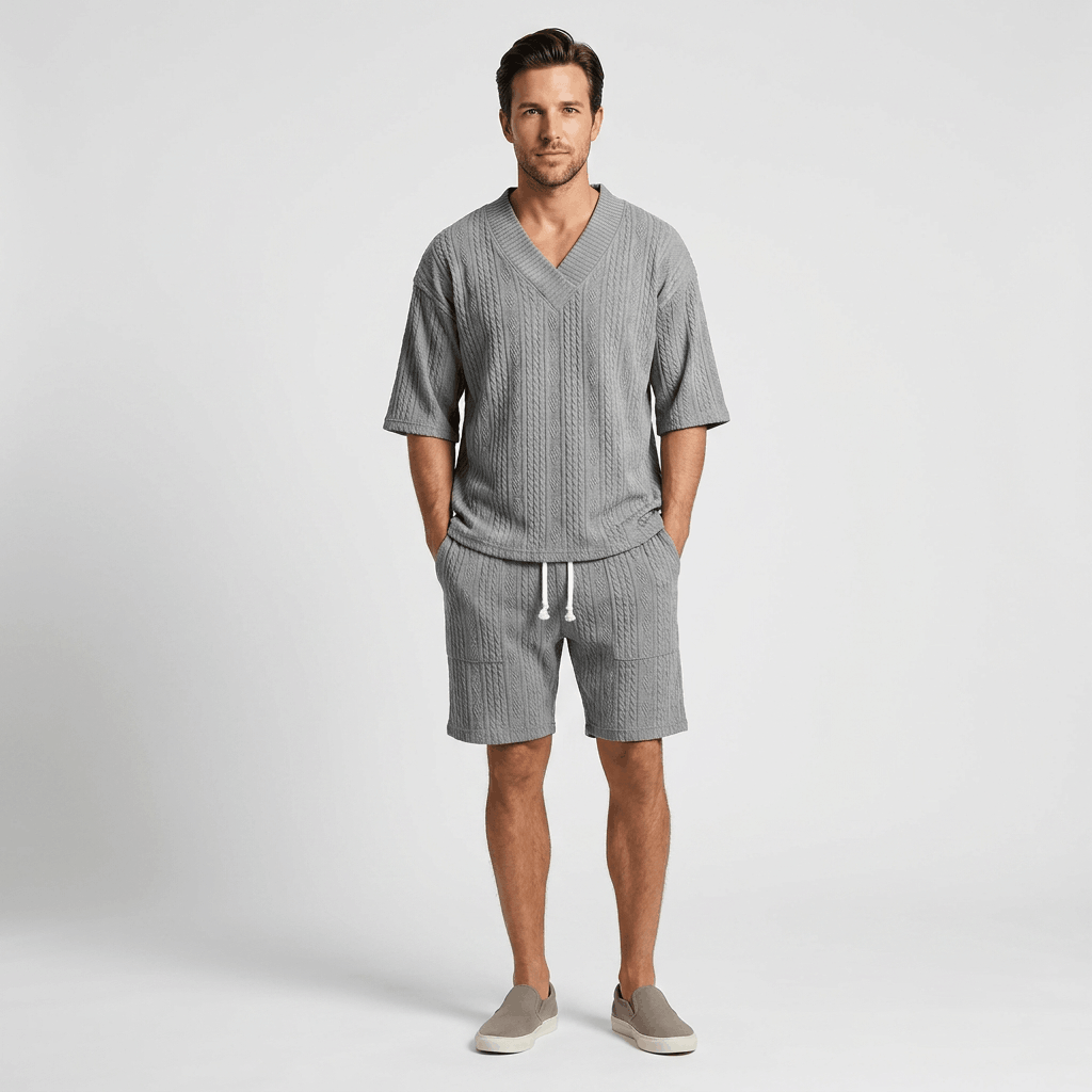 Redmond Textured Knit Two-Piece Set – V-Neck Tee & Drawstring Shorts