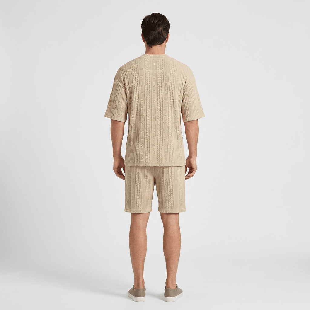 Redmond Textured Knit Two-Piece Set – V-Neck Tee & Drawstring Shorts