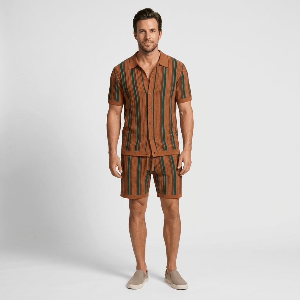 Dorian Textured Knit Two-Piece Set – Striped Polo & Drawstring Shorts