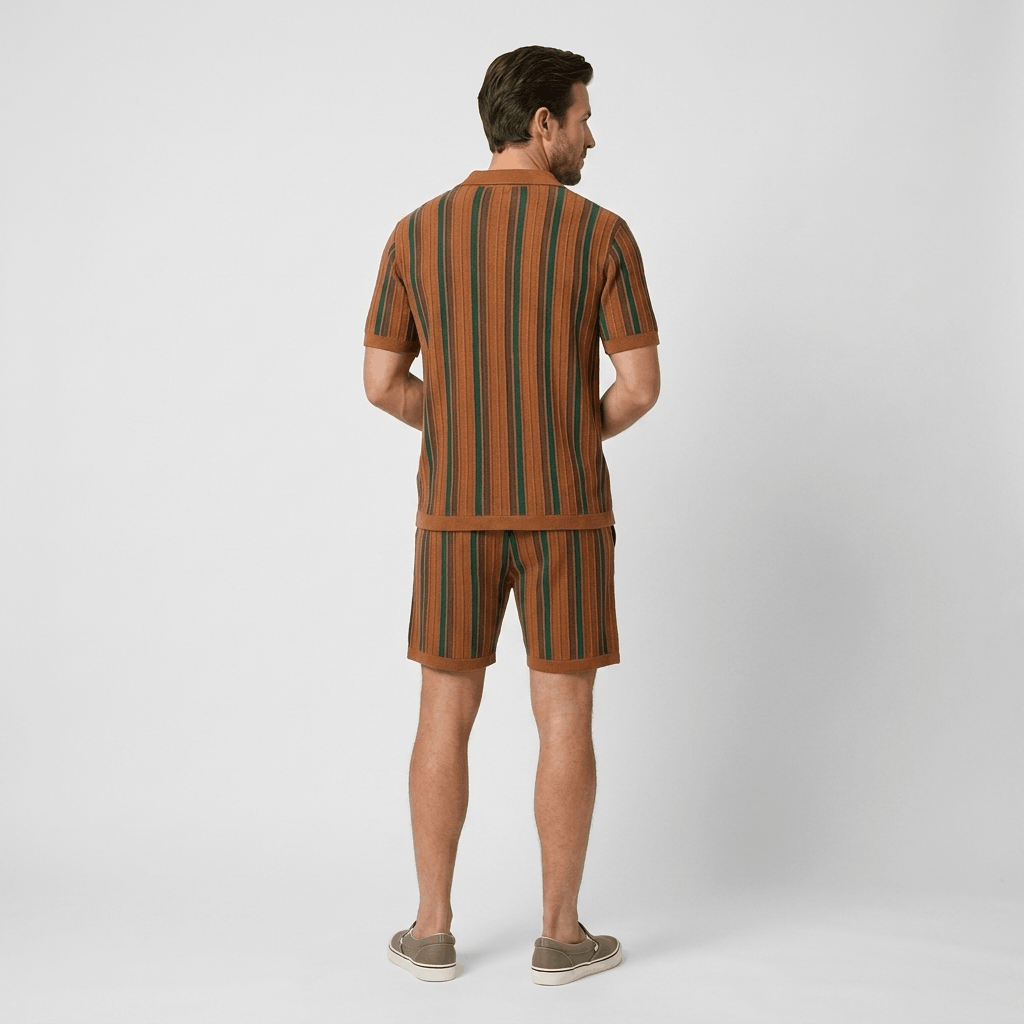 Dorian Textured Knit Two-Piece Set – Striped Polo & Drawstring Shorts