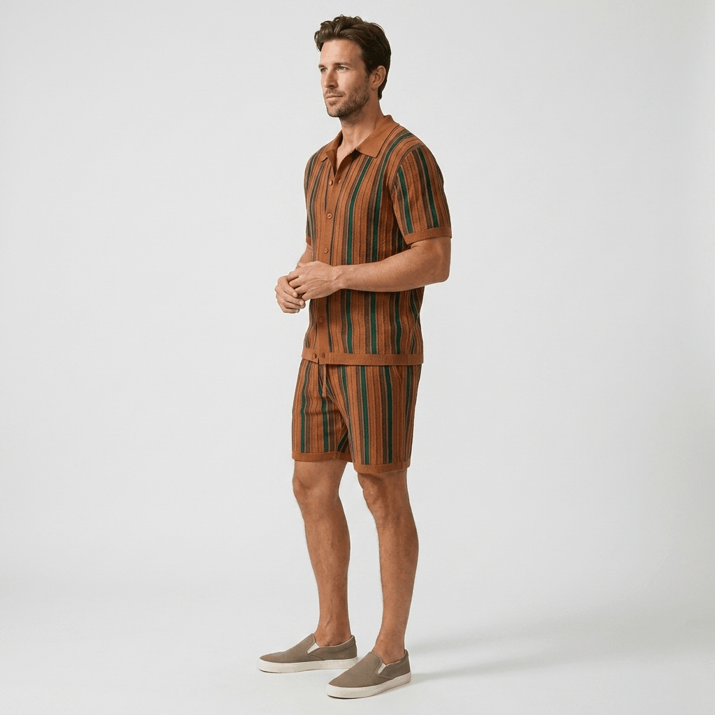 Dorian Textured Knit Two-Piece Set – Striped Polo & Drawstring Shorts