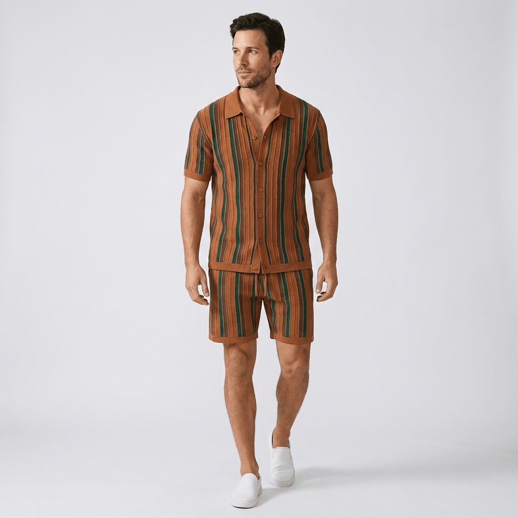 Dorian Textured Knit Two-Piece Set – Striped Polo & Drawstring Shorts