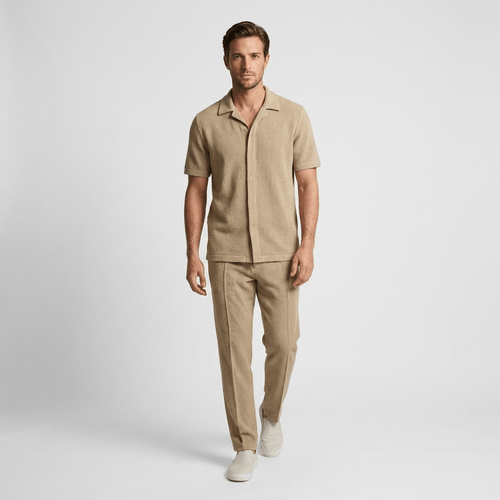 Alaric Textured Summer Two-Piece Set – Open Collar Shirt & Relaxed Trousers