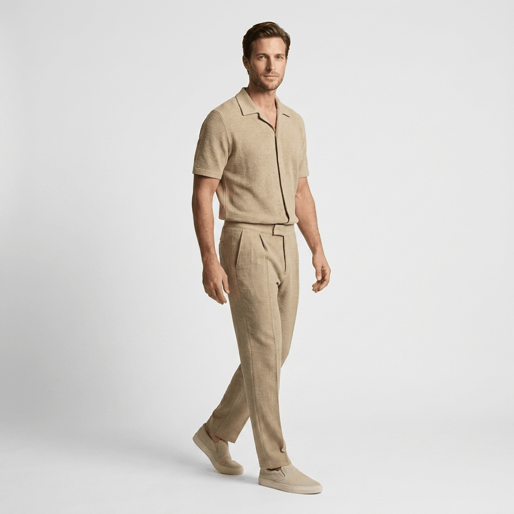 Alaric Textured Summer Two-Piece Set – Open Collar Shirt & Relaxed Trousers