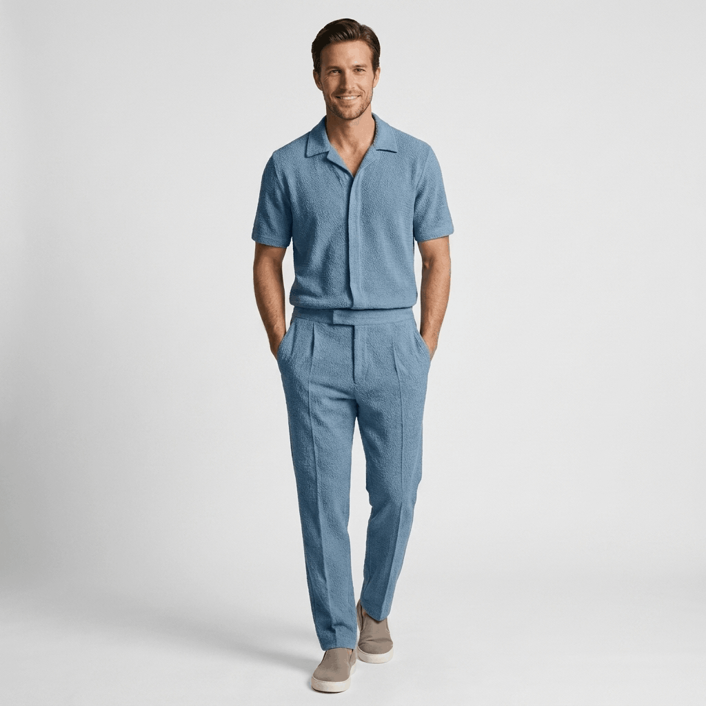 Alaric Textured Summer Two-Piece Set – Open Collar Shirt & Relaxed Trousers